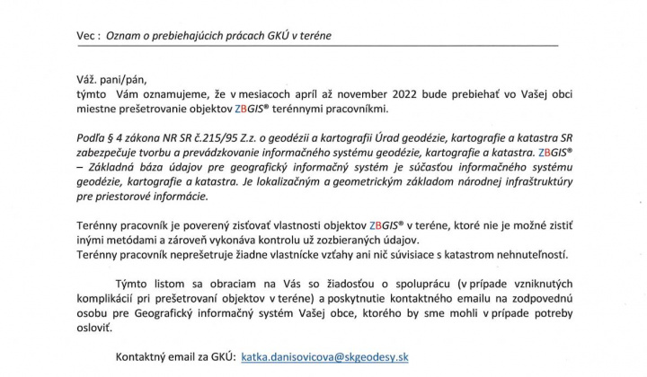Oznam o prebiehajúcich prácach GKÚ v teréne