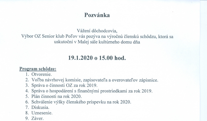 Pozvánka na výročnú členskú schôdzu pre seniorov