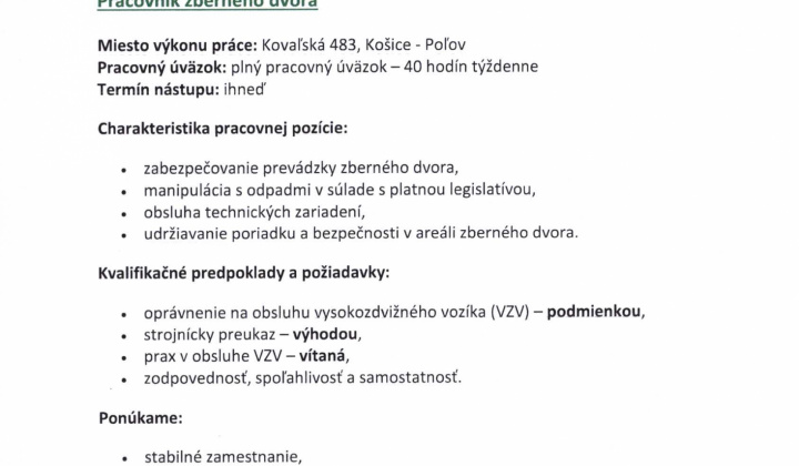 Voľné pracovné miesto